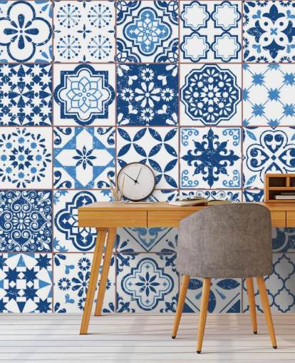 Papel pintado Azulejos desgastados vintage azul y blanco Papel pintado Azulejos desgastados vintage azul y blanco