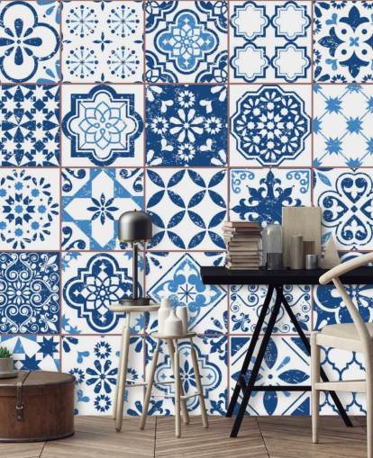 Blue and White Vintage Worn Tiles Wallpaper