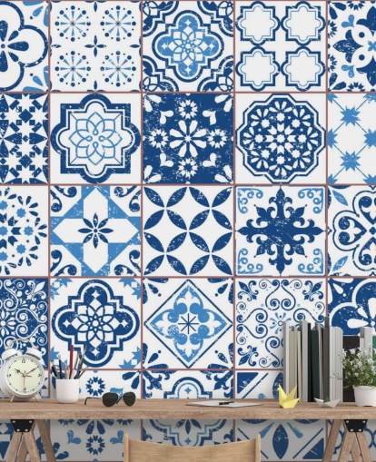 Papel pintado Azulejos desgastados vintage azul y blanco