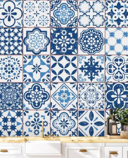 Papel de parede azul e branco Vintage Worn Tiles Papel de parede azul e branco Vintage Worn Tiles