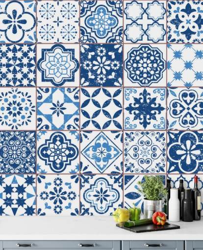 Papel de parede azul e branco Vintage Worn Tiles Papel de parede azul e branco Vintage Worn Tiles