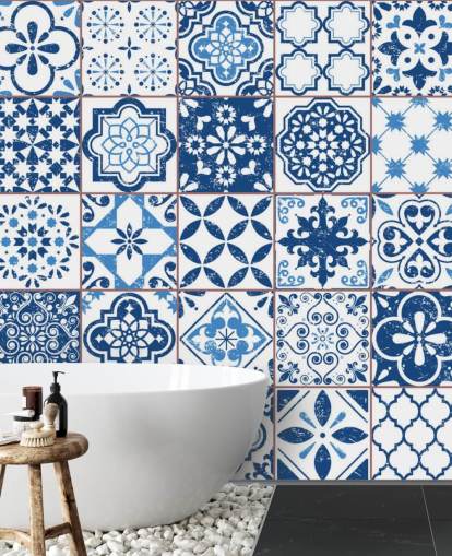 Blue and White Vintage Worn Tiles Wallpaper Blue and White Vintage Worn Tiles Wallpaper