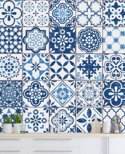 Papel pintado Azulejos desgastados vintage azul y blanco