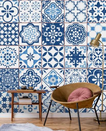 Blauw en wit vintage versleten tegels behang Blauw en wit vintage versleten tegels behang