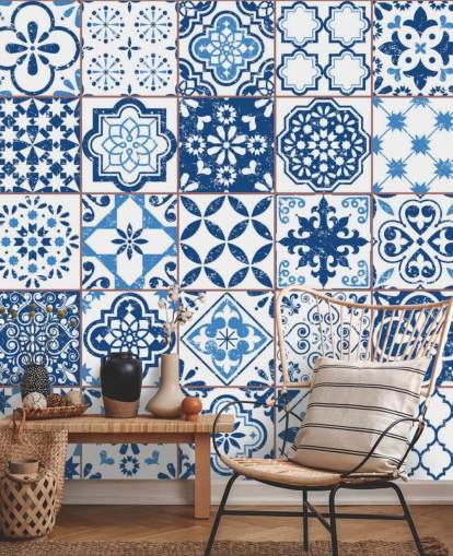 Blue and White Vintage Worn Tiles Wallpaper Blue and White Vintage Worn Tiles Wallpaper