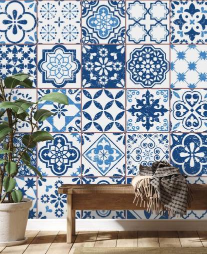Blue and White Vintage Worn Tiles Wallpaper