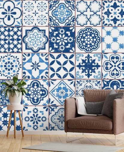 Papel pintado Azulejos desgastados vintage azul y blanco