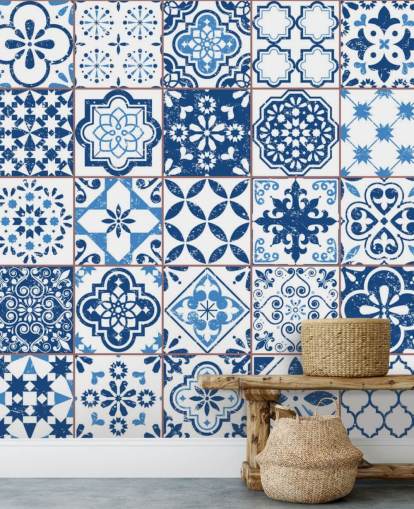 Blue and White Vintage Worn Tiles Wallpaper Blue and White Vintage Worn Tiles Wallpaper