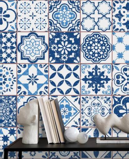 Blue and White Vintage Worn Tiles Wallpaper