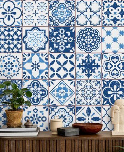 Blue and White Vintage Worn Tiles Wallpaper
