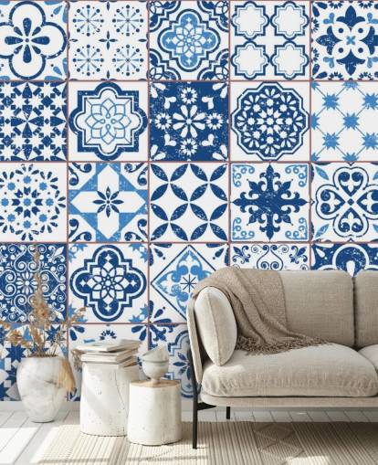 Blue and White Vintage Worn Tiles Wallpaper