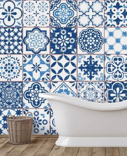 Blå og hvit Vintage slitte fliser tapet