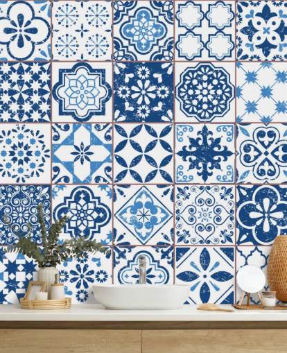 Blue and White Vintage Worn Tiles Wallpaper