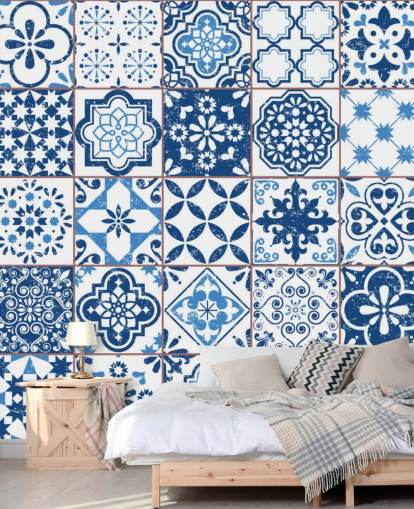 Papel de parede azul e branco Vintage Worn Tiles