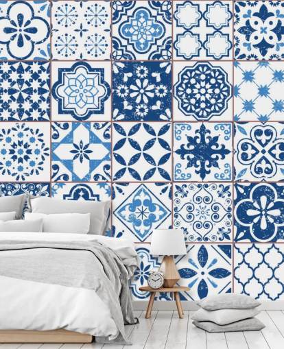 Papier Peint Carrelage Vintage Bleu et Blanc