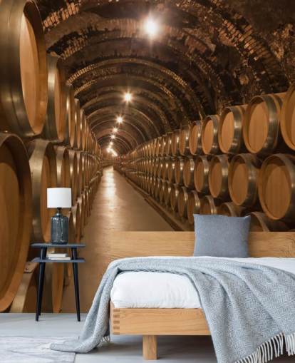 ruskea mukautettu 3d-viinikellarin taustakuvamaalaus nimeltä Barrels de Vino en la Bodega viinikellareille