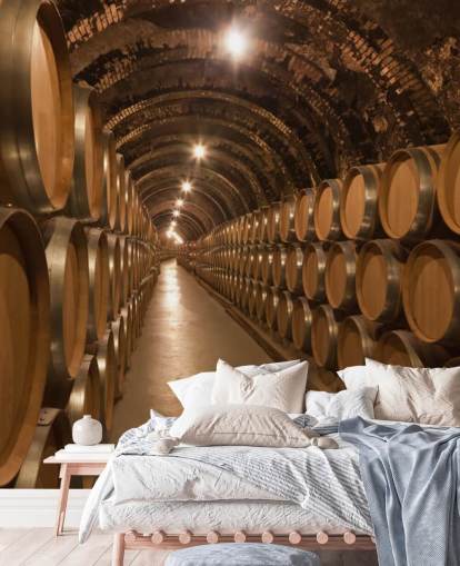 mural de papel pintado marrón personalizado para bodegas en 3D llamado Barrels de Vino en la Bodega para bodegas