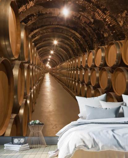 brown custom 3d wine cellar wallpaper mural called Barrels de Vino en la Bodega for wine cellars