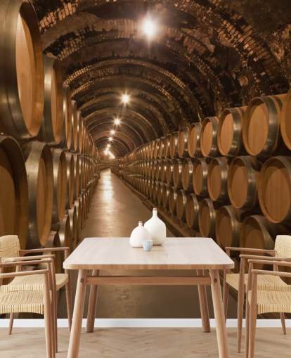 braune kundenspezifische 3D-Weinkeller-Tapete namens Barrels de Vino en la Bodega für Weinkeller braune kundenspezifische 3D-Weinkeller-Tapete namens Barrels de Vino en la Bodega für Weinkeller