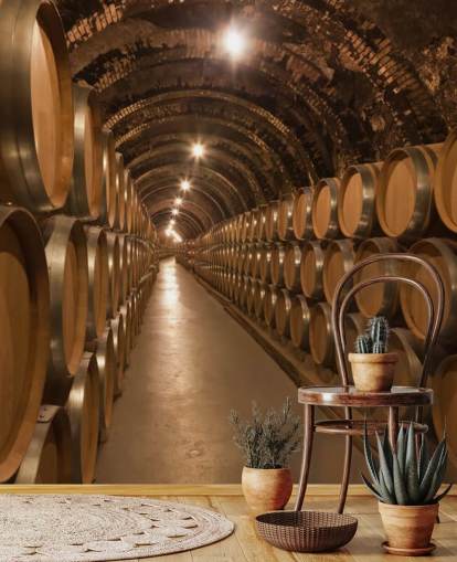 brown custom 3d wine cellar wallpaper mural called Barrels de Vino en la Bodega for wine cellars