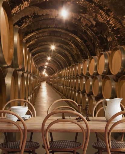 brown custom 3d wine cellar wallpaper mural called Barrels de Vino en la Bodega for wine cellars