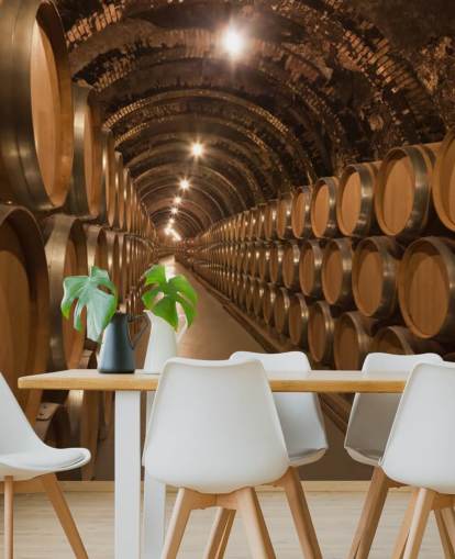 ruskea mukautettu 3d-viinikellarin taustakuvamaalaus nimeltä Barrels de Vino en la Bodega viinikellareille