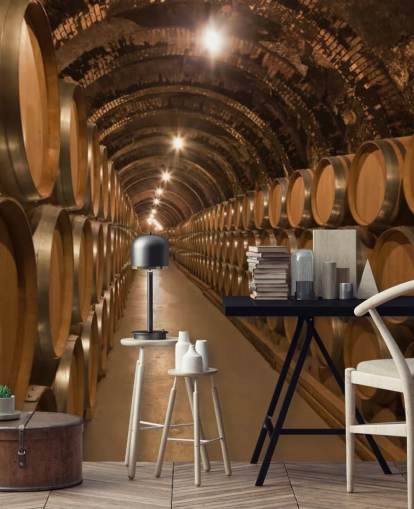 papier peint mural de cave à vin 3D personnalisé marron appelé Barrels de Vino en la Bodega pour caves à vin