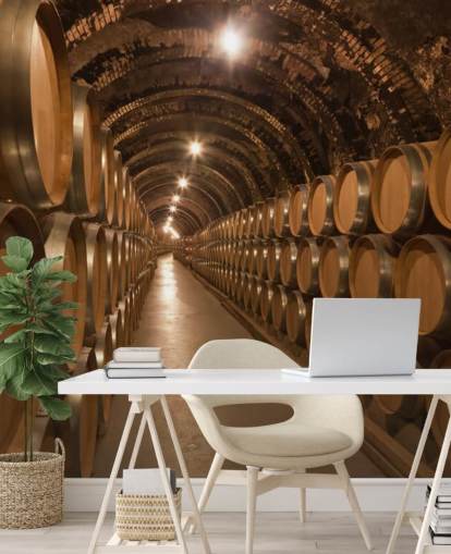 brun anpassad 3d vinkällare tapetväggmålning kallad Barrels de Vino en la Bodega för vinkällare