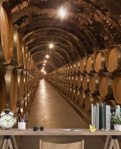 brown custom 3d wine cellar wallpaper mural called Barrels de Vino en la Bodega for wine cellars