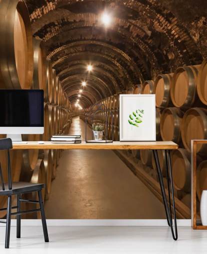 brun anpassad 3d vinkällare tapetväggmålning kallad Barrels de Vino en la Bodega för vinkällare