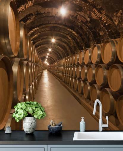 mural de papel de parede de adega 3D personalizado marrom chamado Barrels de Vino en la Bodega para adegas