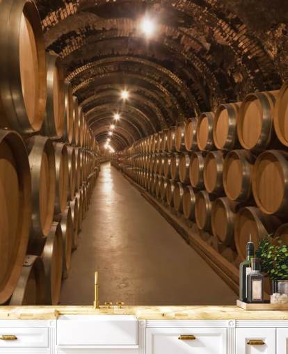 ruskea mukautettu 3d-viinikellarin taustakuvamaalaus nimeltä Barrels de Vino en la Bodega viinikellareille
