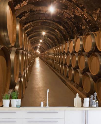 murale di carta da parati 3D marrone personalizzato per cantine vinicole chiamato Barrels de Vino en la Bodega per cantine vinicole