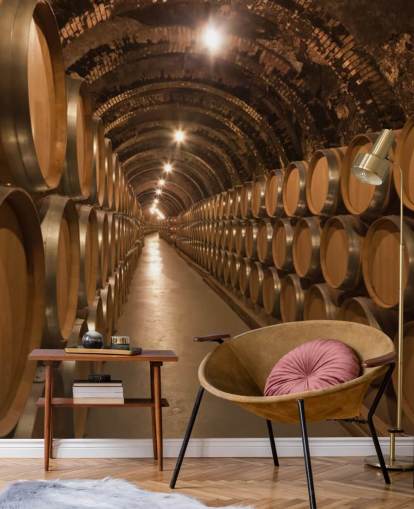 mural de papel pintado marrón personalizado para bodegas en 3D llamado Barrels de Vino en la Bodega para bodegas