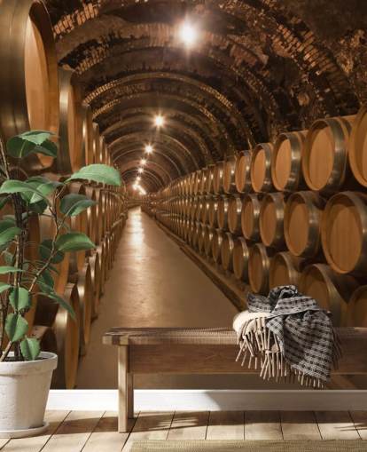 bruine op maat gemaakte 3D-wijnkelder behangmuurschildering genaamd Barrels de Vino en la Bodega voor wijnkelders bruine op maat gemaakte 3D-wijnkelder behangmuurschildering genaamd Barrels de Vino en la Bodega voor wijnkelders