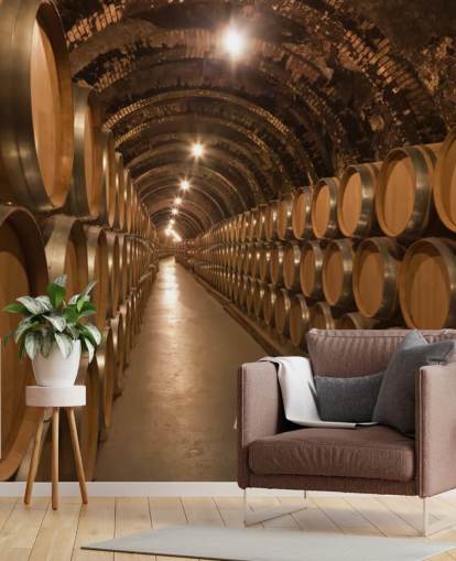 mural de papel pintado marrón personalizado para bodegas en 3D llamado Barrels de Vino en la Bodega para bodegas