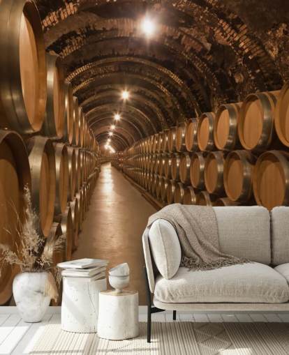 mural de papel pintado marrón personalizado para bodegas en 3D llamado Barrels de Vino en la Bodega para bodegas