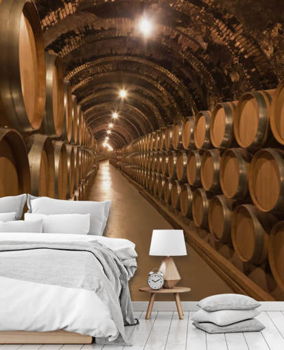 braune kundenspezifische 3D-Weinkeller-Tapete namens Barrels de Vino en la Bodega für Weinkeller