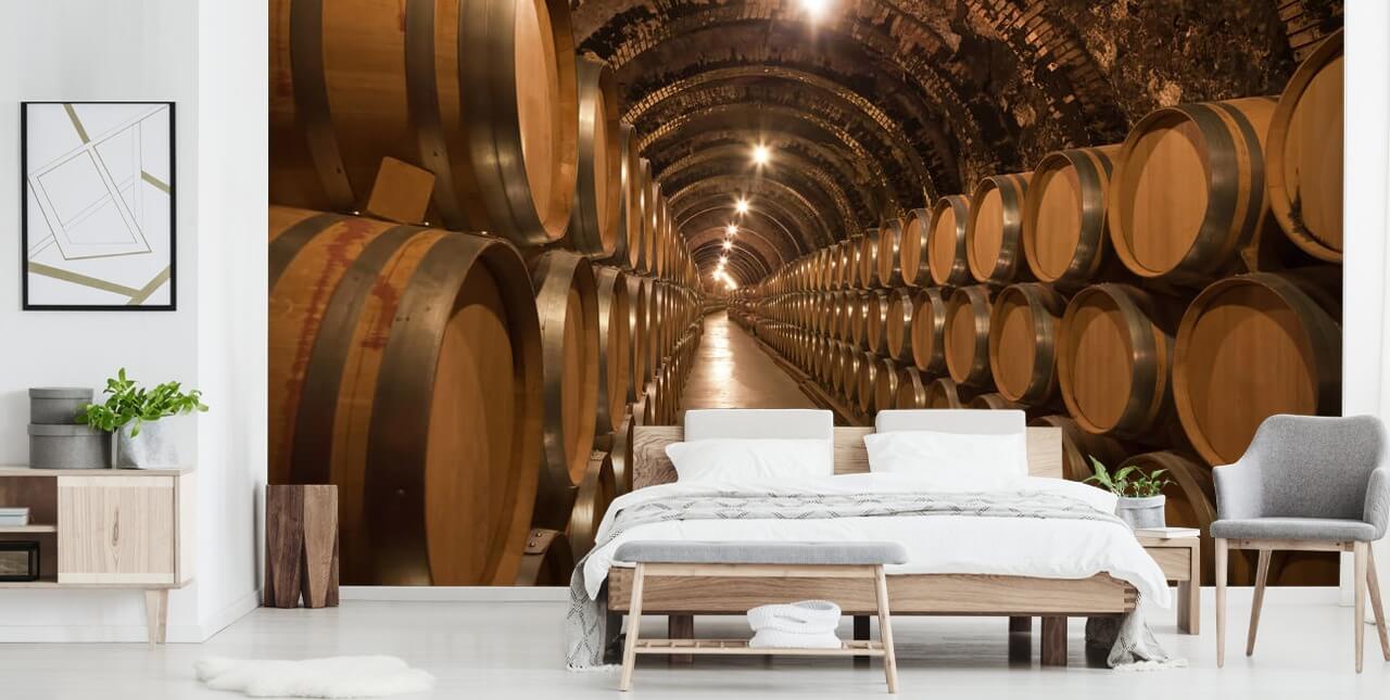 ruskea mukautettu 3d-viinikellarin taustakuvamaalaus nimeltä Barrels de Vino en la Bodega viinikellareille