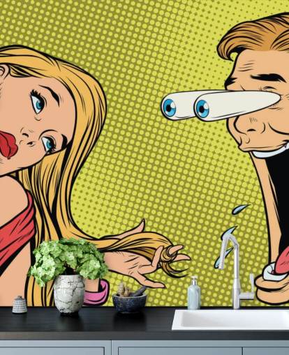 man kwijlen bij vrouw oop art wallpaper