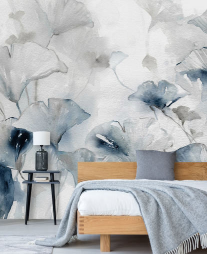 vit och blå anpassningsbar blommig tapetväggmålning kallad Glorious Ginko av Carol Robinson för badrum och sovrum vit och blå anpassningsbar blommig tapetväggmålning kallad Glorious Ginko av Carol Robinson för badrum och sovrum