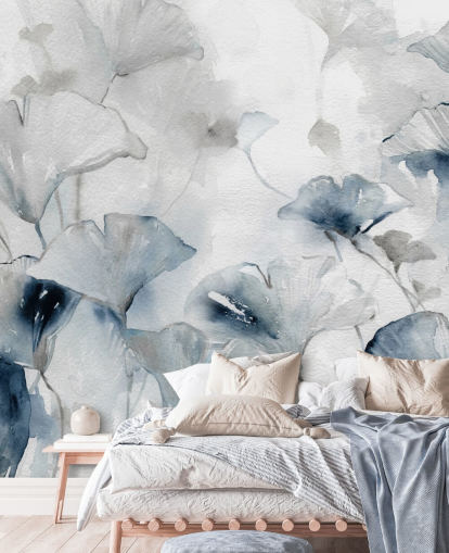 white and blue customizable floral wallpaper mural called Glorious Ginko by Carol Robinson for bathrooms and bedrooms