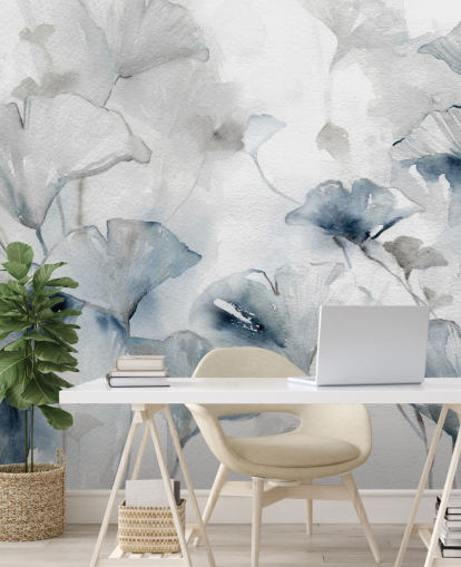 white and blue customisable floral wallpaper mural called Glorious Ginko by Carol Robinson for bathrooms and bedrooms white and blue customisable floral wallpaper mural called Glorious Ginko by Carol Robinson for bathrooms and bedrooms