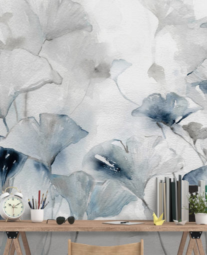 white and blue customisable floral wallpaper mural called Glorious Ginko by Carol Robinson for bathrooms and bedrooms