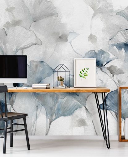white and blue customisable floral wallpaper mural called Glorious Ginko by Carol Robinson for bathrooms and bedrooms white and blue customisable floral wallpaper mural called Glorious Ginko by Carol Robinson for bathrooms and bedrooms