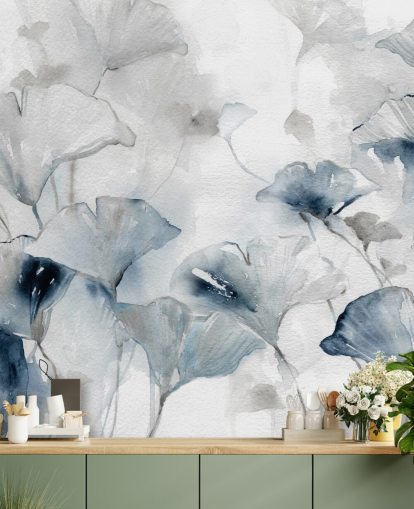 white and blue customisable floral wallpaper mural called Glorious Ginko by Carol Robinson for bathrooms and bedrooms