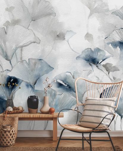 vit och blå anpassningsbar blommig tapetväggmålning kallad Glorious Ginko av Carol Robinson för badrum och sovrum vit och blå anpassningsbar blommig tapetväggmålning kallad Glorious Ginko av Carol Robinson för badrum och sovrum
