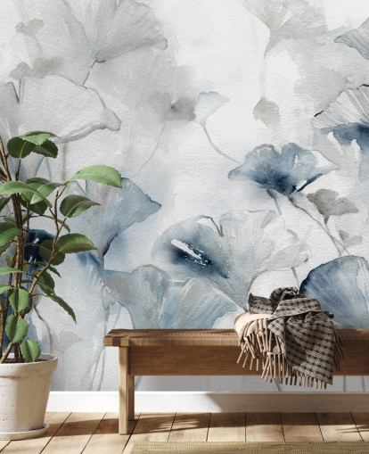 valkoinen ja sininen muokattava kukka-taustakuvamaalaus nimeltä Glorious Ginko, kirjoittanut Carol Robinson kylpyhuoneisiin ja makuuhuoneisiin valkoinen ja sininen muokattava kukka-taustakuvamaalaus nimeltä Glorious Ginko, kirjoittanut Carol Robinson kylpyhuoneisiin ja makuuhuoneisiin