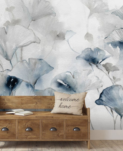 white and blue customisable floral wallpaper mural called Glorious Ginko by Carol Robinson for bathrooms and bedrooms
