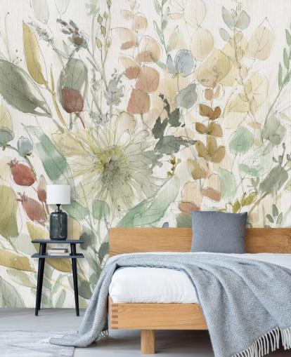 pastel customisable floral wallpaper mural called Linen Wildflower by Carol Robinson for bedrooms